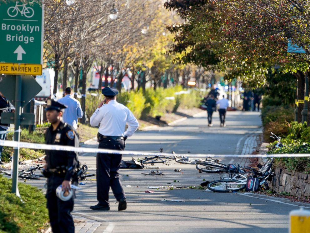 PHOTO: Bicycles and debris lay on a bike path after a motorist drove onto the path near the World Trade Center memorial, striking and killing several people, Oct. 31, 2017.